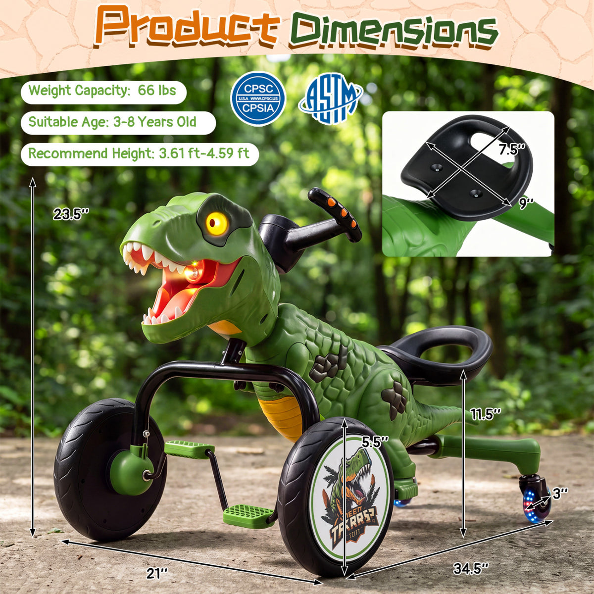 Dinosaur Drift Tricycle with Lights and Spray and 360-Degree Spin Mode-Green view 5