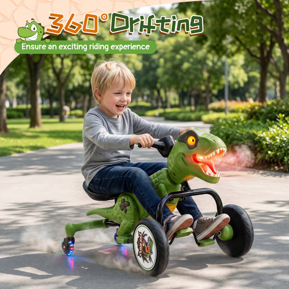 Dinosaur Drift Tricycle with Lights and Spray and 360-Degree Spin Mode-Green view 6