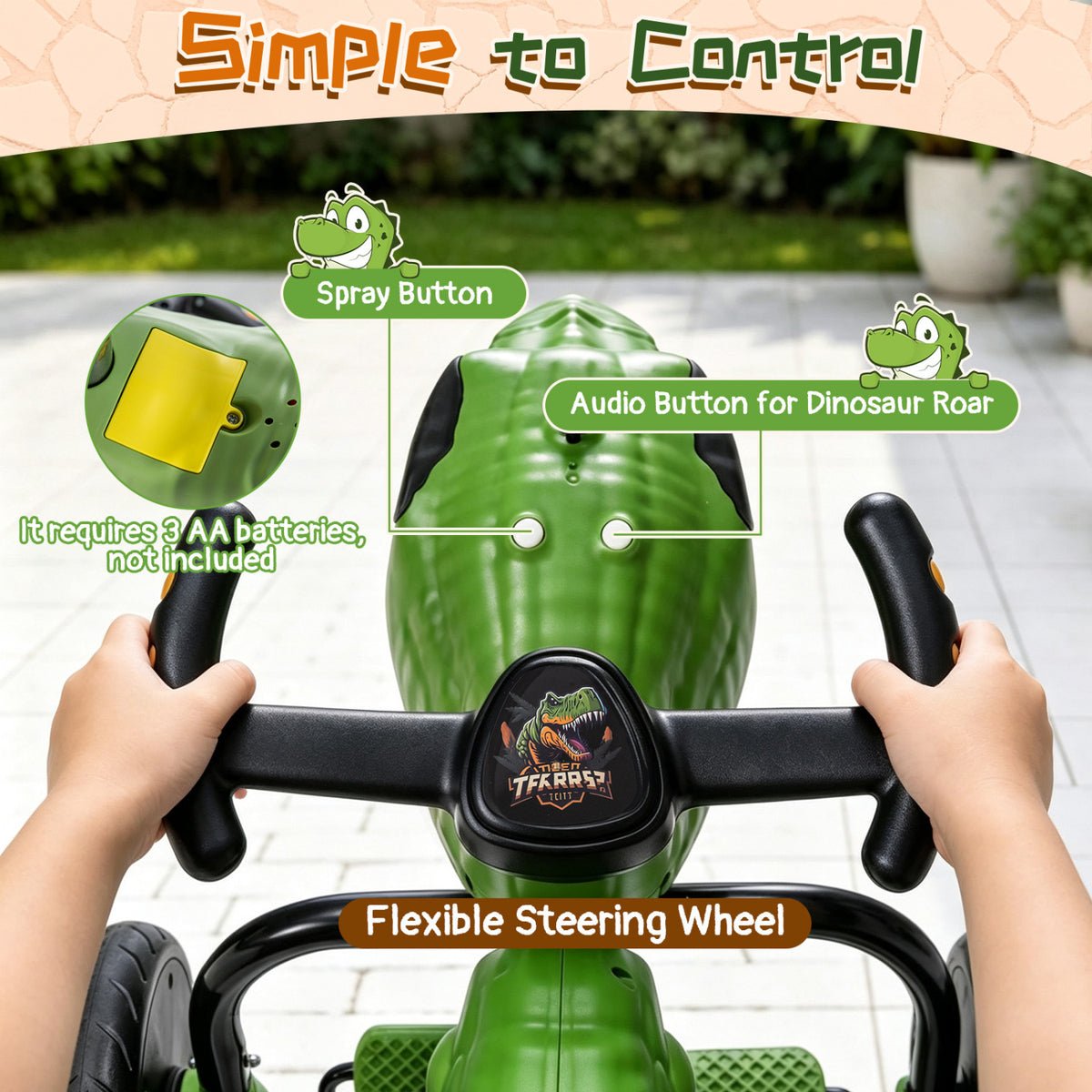Dinosaur Drift Tricycle with Lights and Spray and 360-Degree Spin Mode-Green view 7