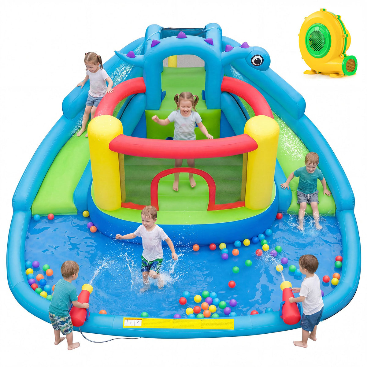 Dinosaur-themed Inflatable Water Slide Park with 950W Air Blower