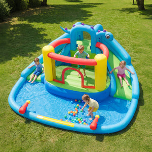 Dinosaur-themed Inflatable Water Slide Park with 950W Air Blower view 2