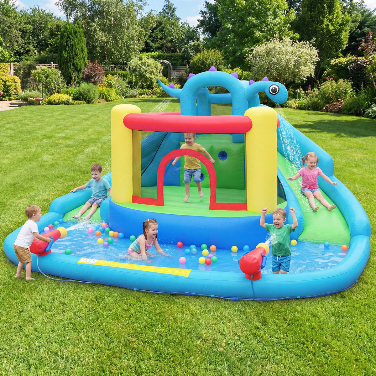Dinosaur-themed Inflatable Water Slide Park with 950W Air Blower view 3