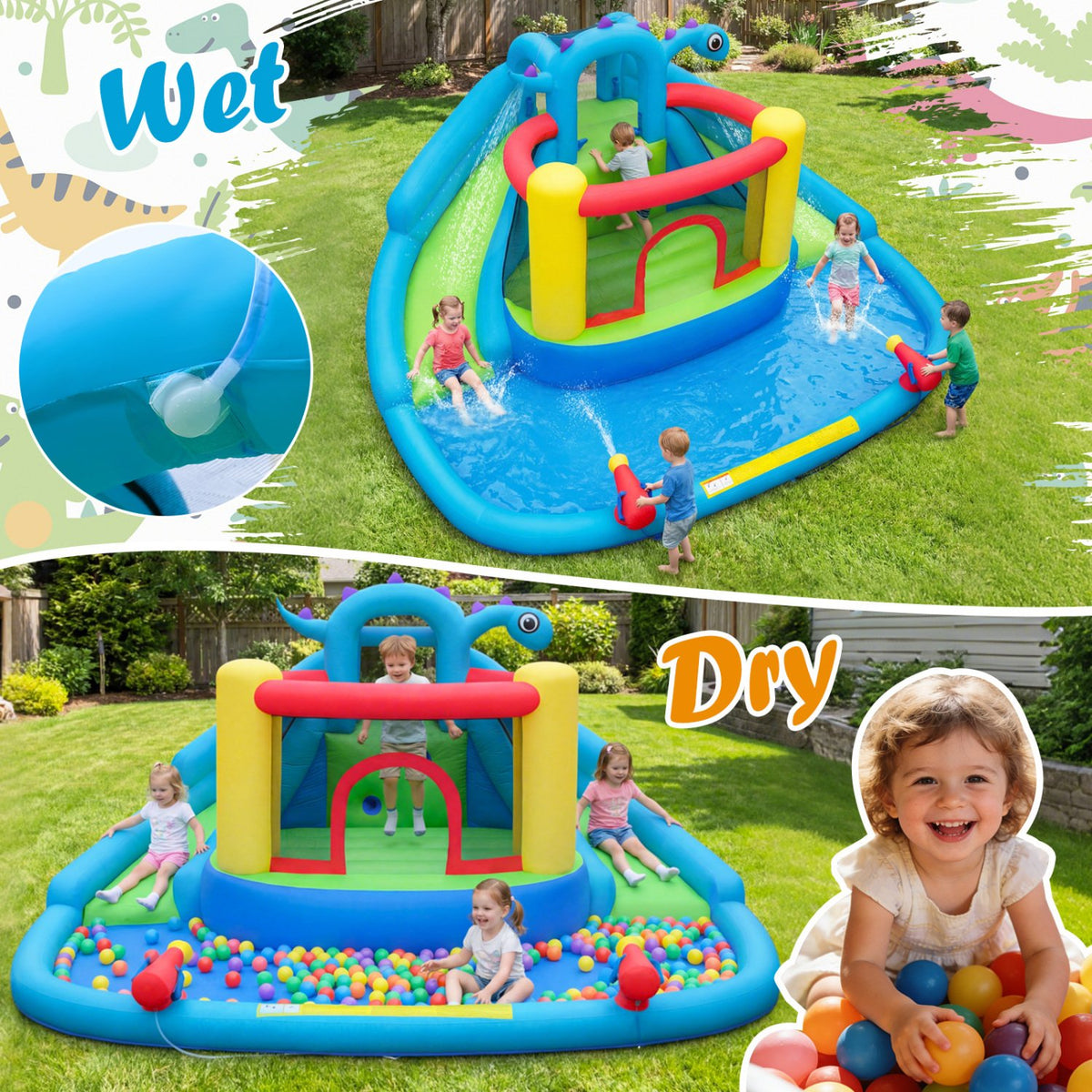 Dinosaur-themed Inflatable Water Slide Park with 950W Air Blower view 7