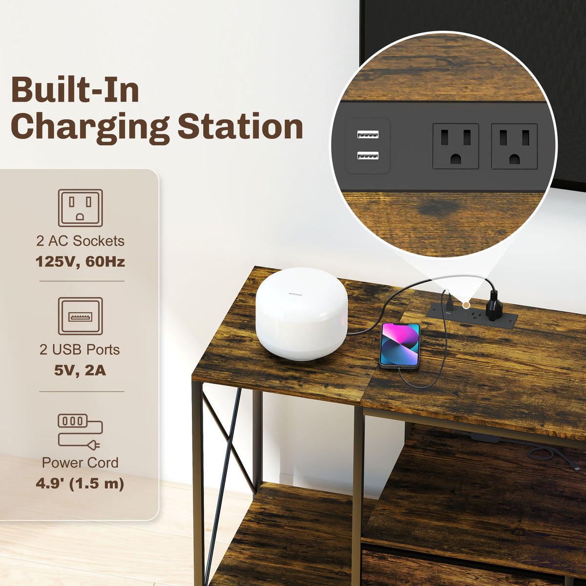 Industrial TV Stand for up to 55 Inch TV, TV Console with Charging Station and RGB LED Lights, Rustic Brown – view 11