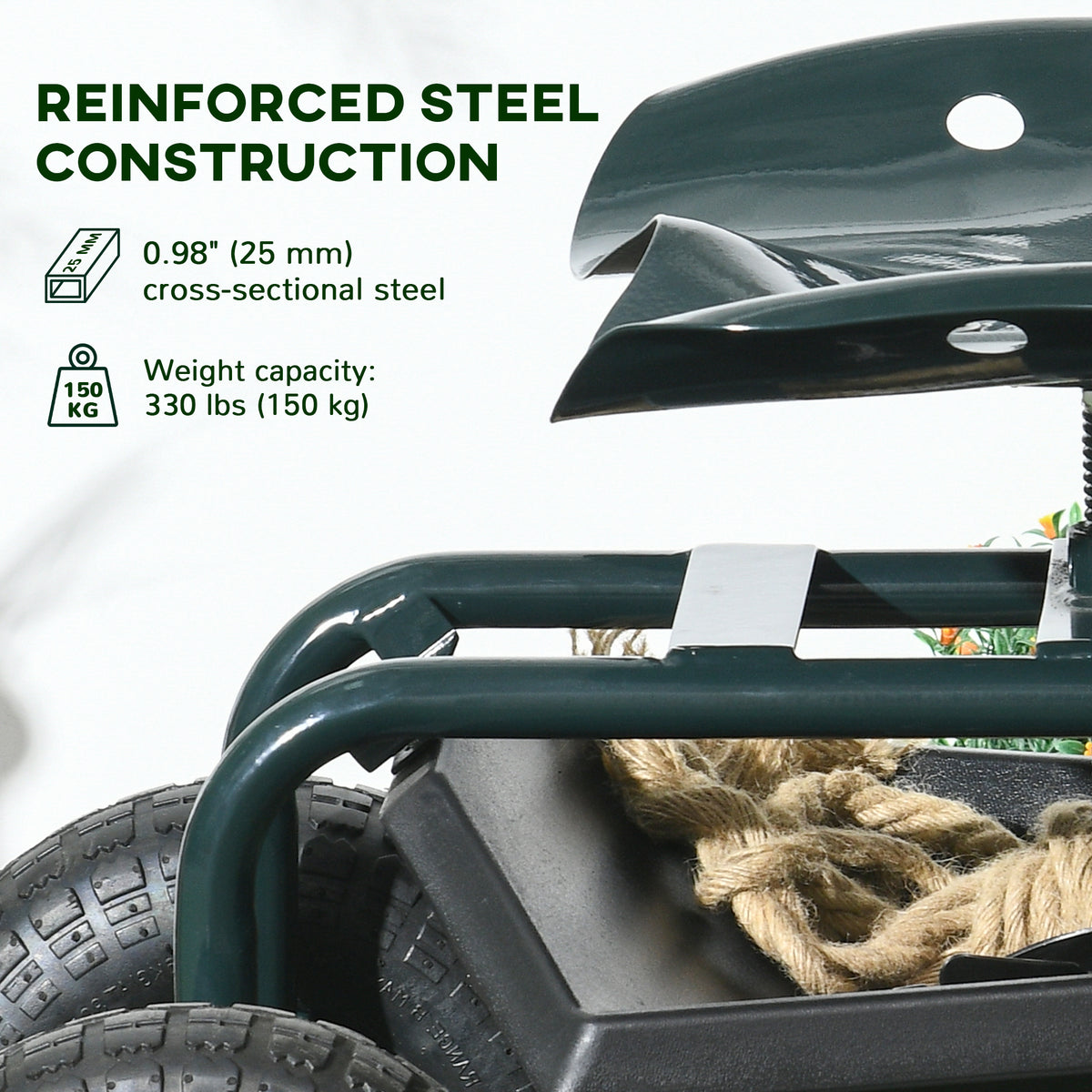 Garden Cart Garden Seat on Wheels with Tool Tray, 360° Swivel and Height Adjustable Seat, for Patio and Yard