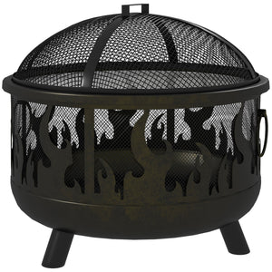 Outdoor Metal Fire Pit, 24" Round Firepit Bowl w/ Lid Grill Poker Handles for Garden, Camping, BBQ, Bonfire, Black