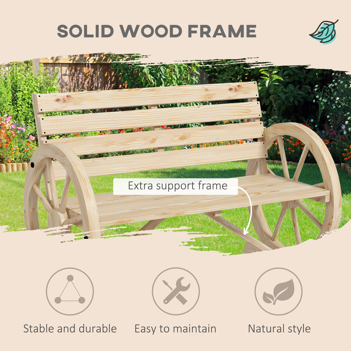 42" Wood Wagon Wheel Bench Garden Loveseat Rustic Seat, Natural Wood