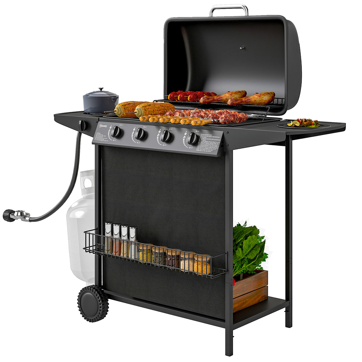 4+1 Burner Propane Gas BBQ Grill, Portable Gas Barbecue Grill with Side Burner, Thermometer, Lid, Side Table, Shelf, Spice Rack, Wheels, Grease Cup for Garden, Black