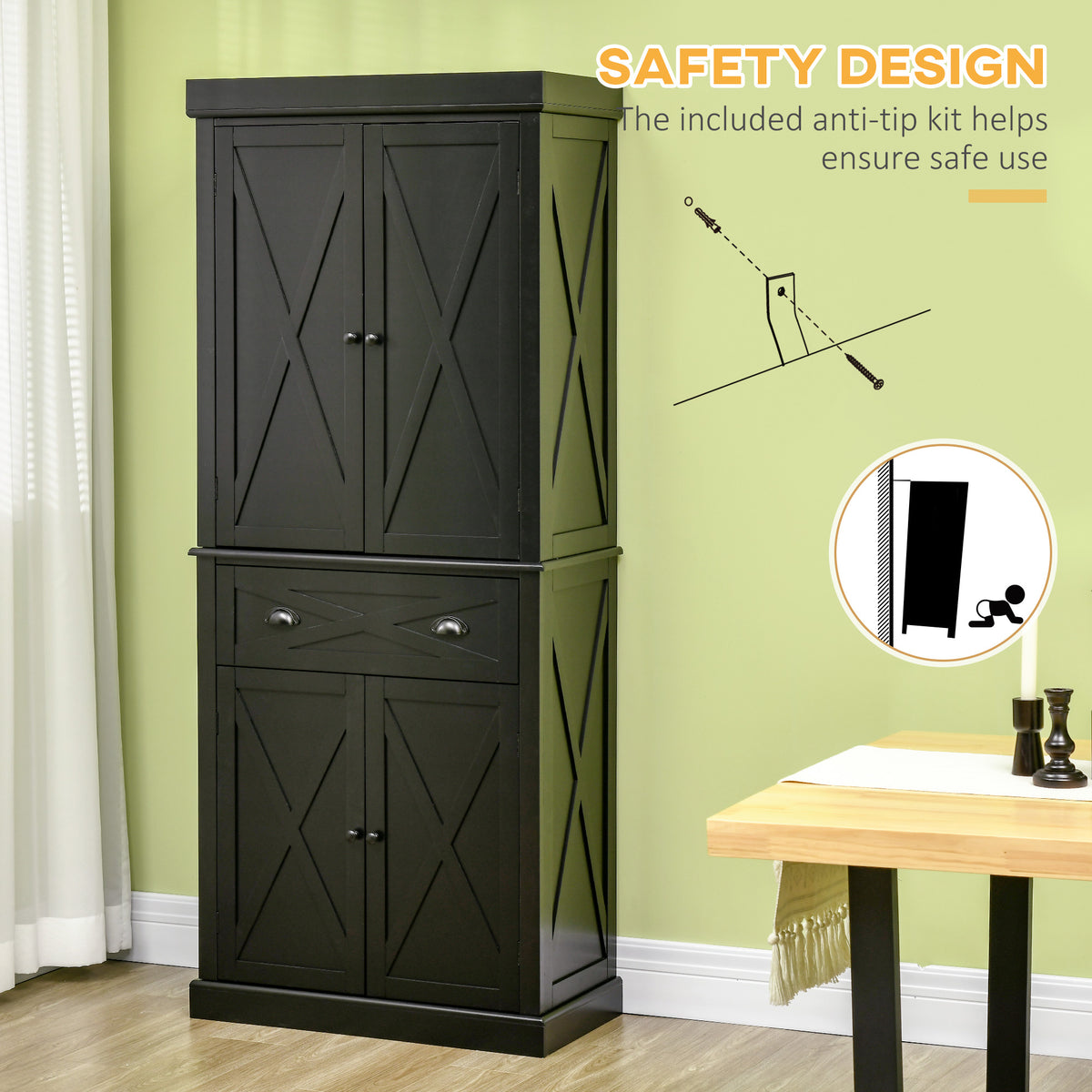 72.5" Kitchen Pantry Cabinet, Freestanding Storage Cabinet with 4 Doors, Drawer and Adjustable Shelves, Black