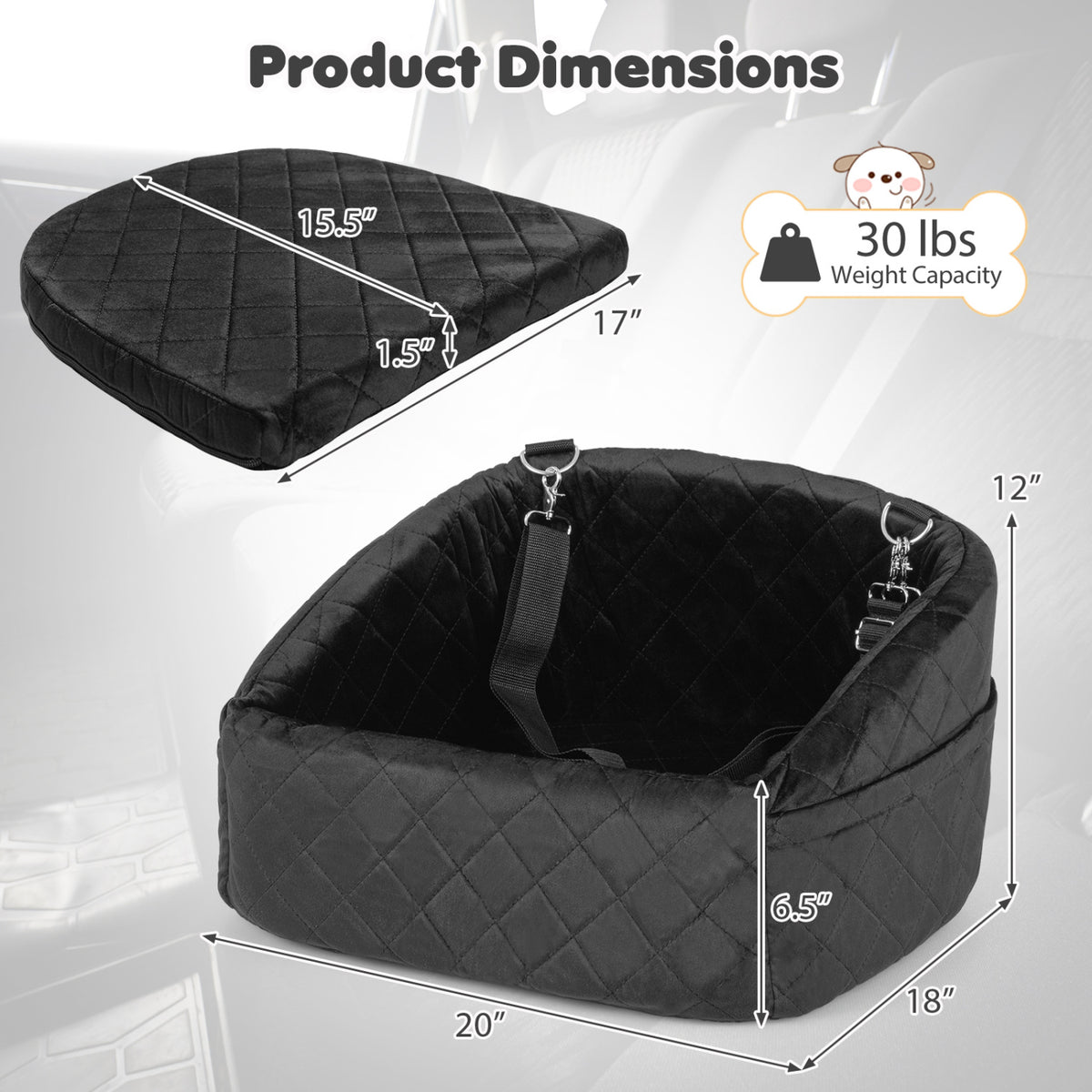 Dog Car Seat for Small and Medium Pets Soft Travel Dog Booster Seat with Safety Straps-Black view 4