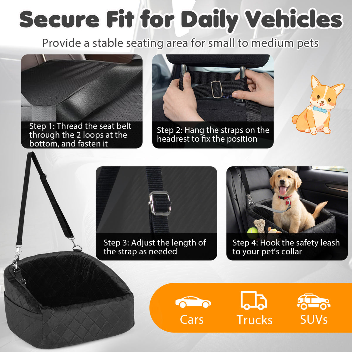 Dog Car Seat for Small and Medium Pets Soft Travel Dog Booster Seat with Safety Straps-Black view 6