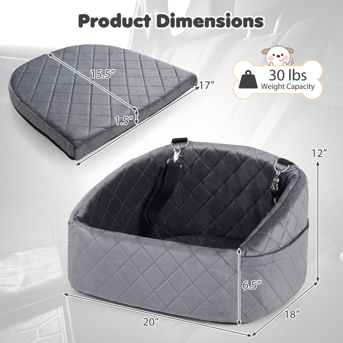 Dog Car Seat for Small and Medium Pets Soft Travel Dog Booster Seat with Safety Straps-Grey view 5