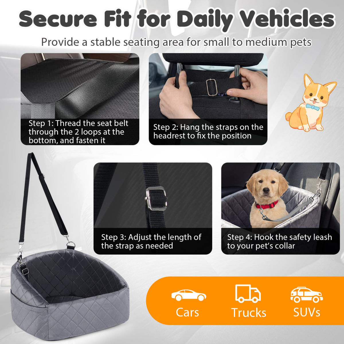 Dog Car Seat for Small and Medium Pets Soft Travel Dog Booster Seat with Safety Straps-Grey view 6