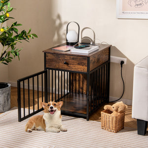 Dog Crate Furniture for Small Dogs Wooden Puppy Kennel with Charging Station-Rustic Brown view 2