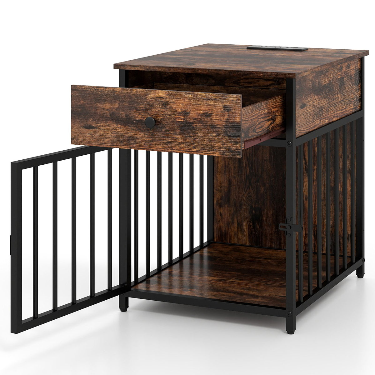 Dog Crate Furniture for Small Dogs Wooden Puppy Kennel with Charging Station-Rustic Brown view 4