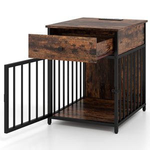 Dog Crate Furniture for Small Dogs Wooden Puppy Kennel with Charging Station-Rustic Brown view 4