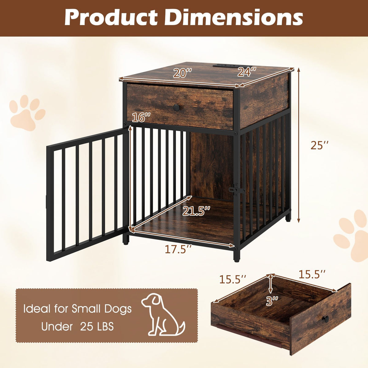 Dog Crate Furniture for Small Dogs Wooden Puppy Kennel with Charging Station-Rustic Brown view 5
