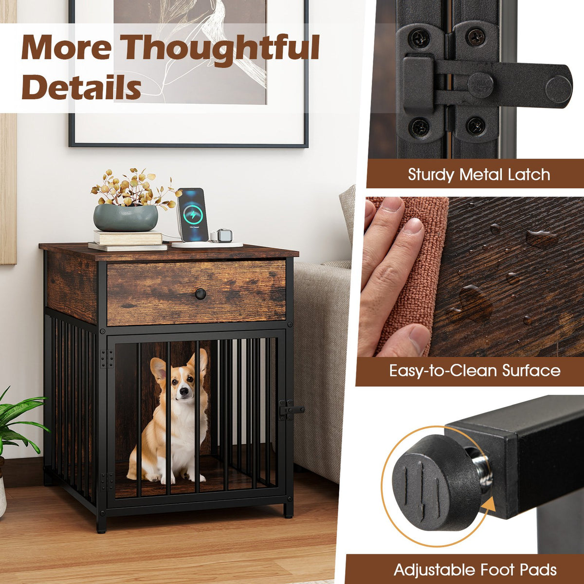 Dog Crate Furniture for Small Dogs Wooden Puppy Kennel with Charging Station-Rustic Brown view 6