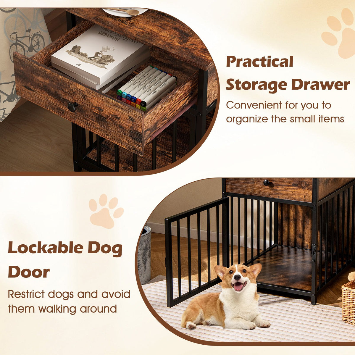 Dog Crate Furniture for Small Dogs Wooden Puppy Kennel with Charging Station-Rustic Brown view 9