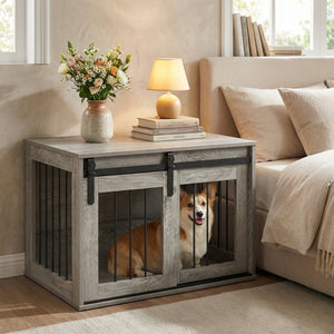 Dog Crate Furniture Heavy Duty Dog Kennel with Sliding Barn Door-Gray view 2