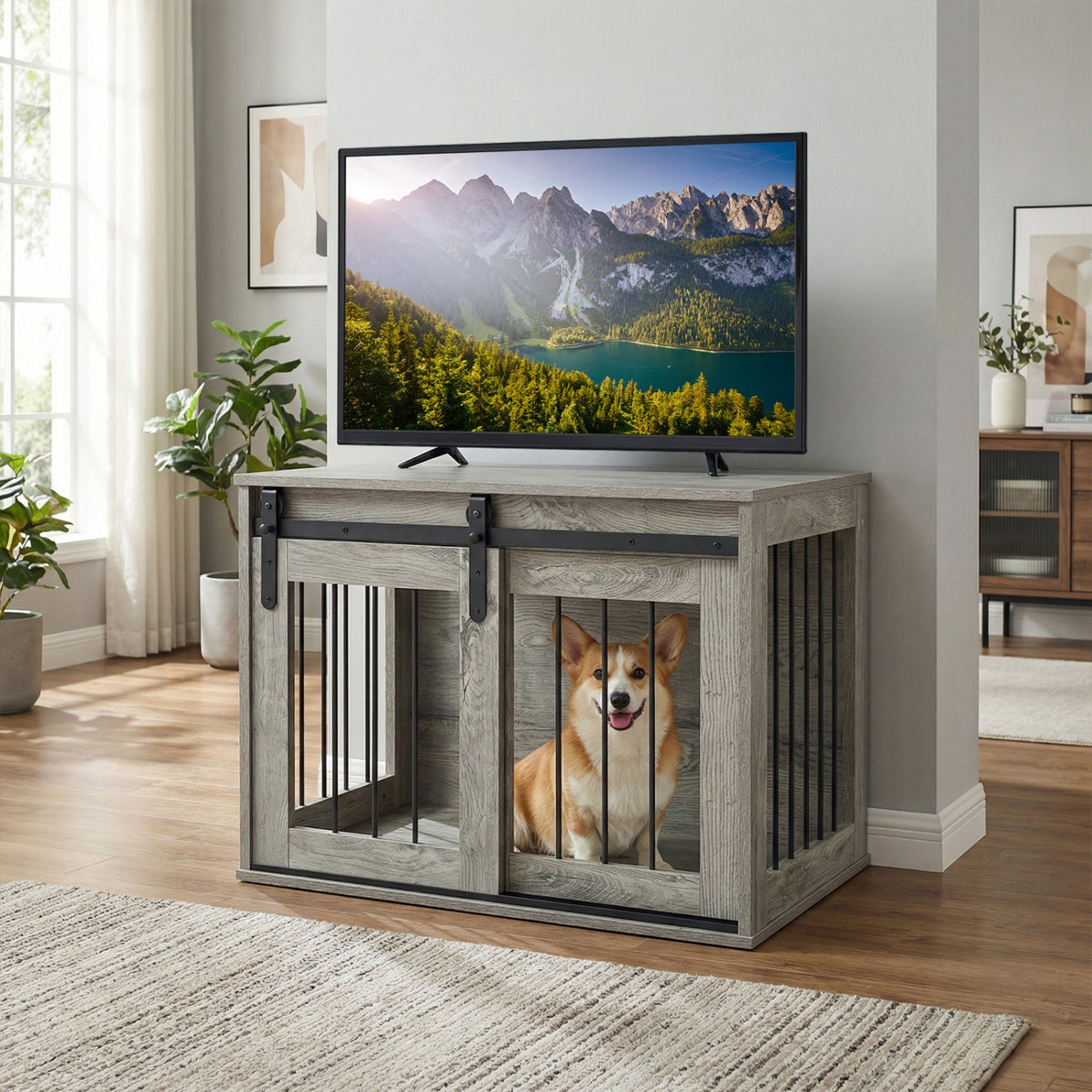 Dog Crate Furniture Heavy Duty Dog Kennel with Sliding Barn Door-Gray view 3