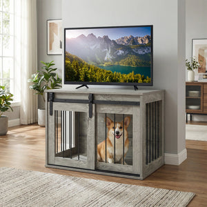 Dog Crate Furniture Heavy Duty Dog Kennel with Sliding Barn Door-Gray view 3