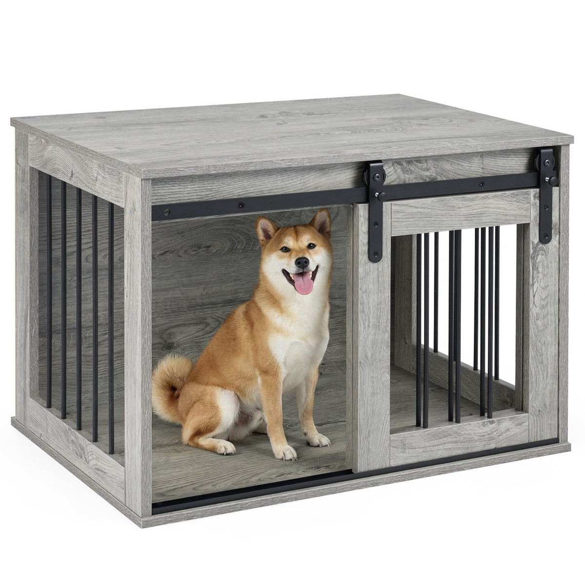 Dog Crate Furniture Heavy Duty Dog Kennel with Sliding Barn Door-Gray view 4