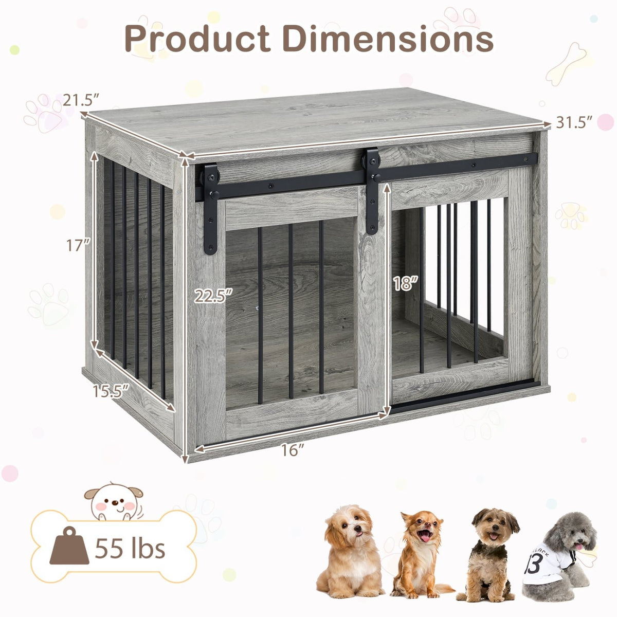 Dog Crate Furniture Heavy Duty Dog Kennel with Sliding Barn Door-Gray view 5