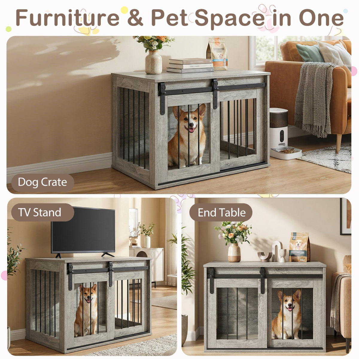 Dog Crate Furniture Heavy Duty Dog Kennel with Sliding Barn Door-Gray view 6
