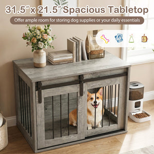 Dog Crate Furniture Heavy Duty Dog Kennel with Sliding Barn Door-Gray view 7