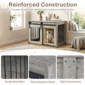 Dog Crate Furniture Heavy Duty Dog Kennel with Sliding Barn Door-Gray view 8