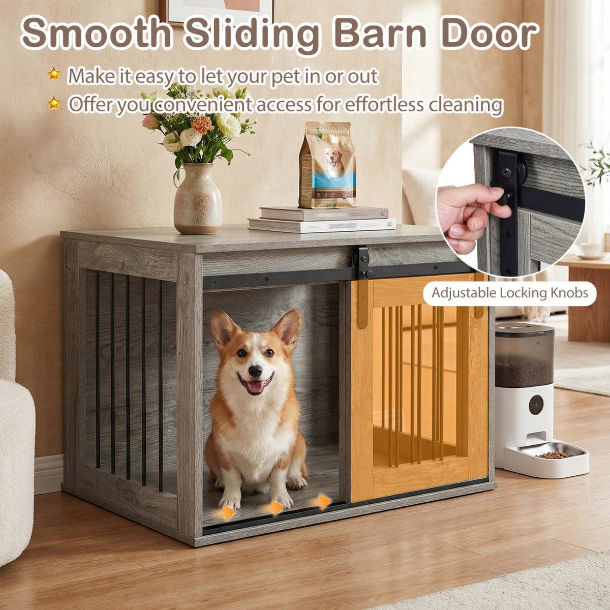 Dog Crate Furniture Heavy Duty Dog Kennel with Sliding Barn Door-Gray view 9