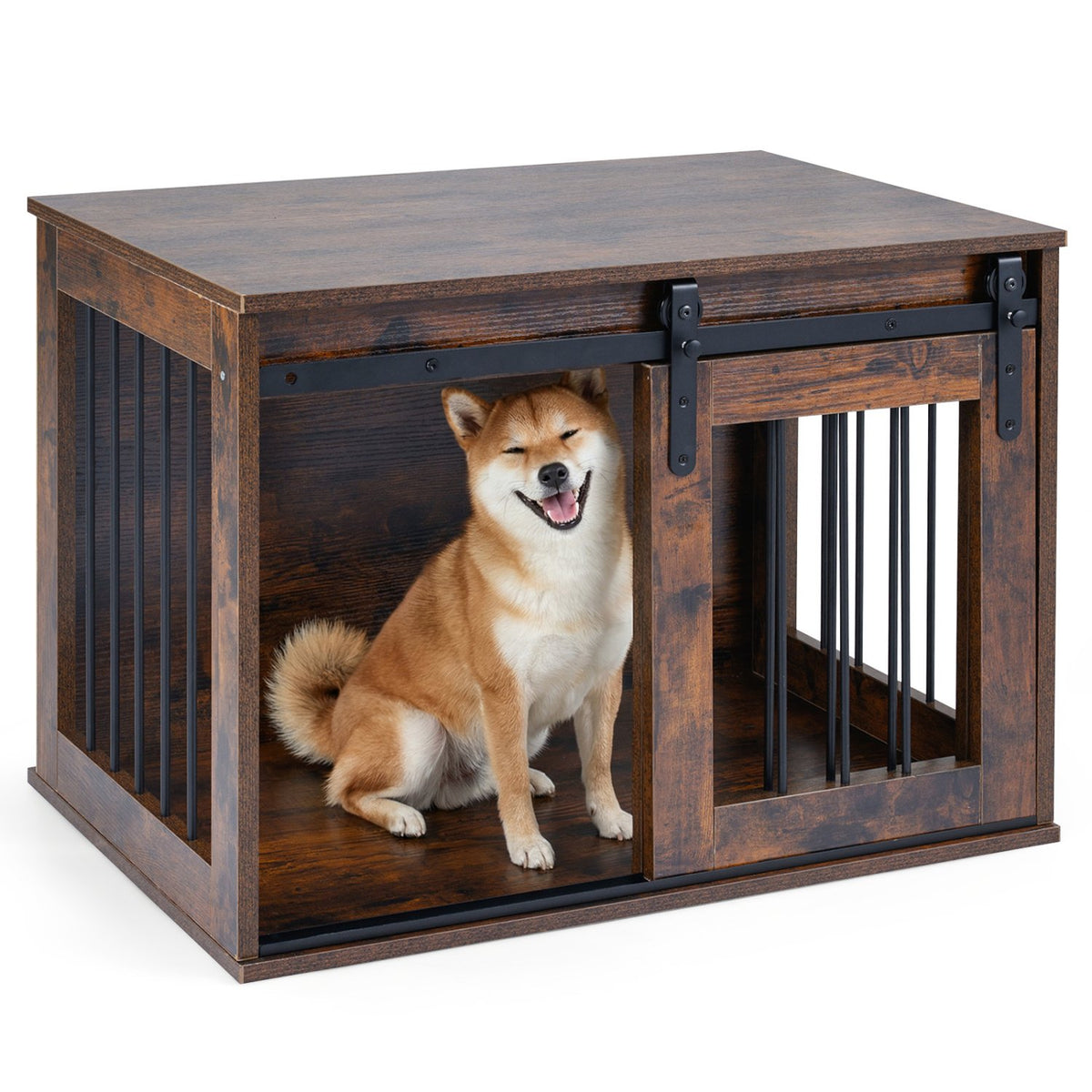 Dog Crate Furniture Heavy Duty Dog Kennel with Sliding Barn Door-RusticBrown