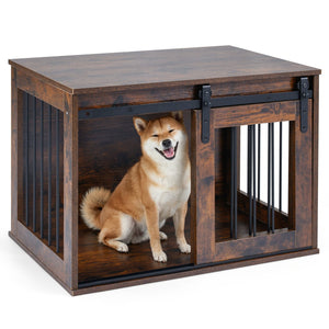 Dog Crate Furniture Heavy Duty Dog Kennel with Sliding Barn Door-RusticBrown