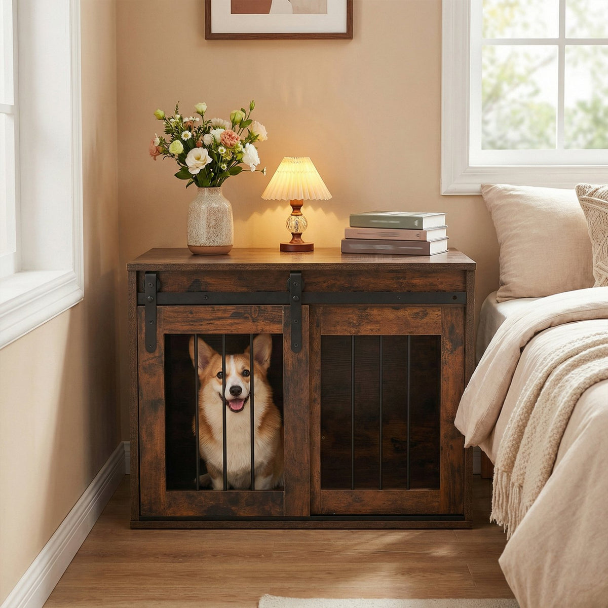 Dog Crate Furniture Heavy Duty Dog Kennel with Sliding Barn Door-RusticBrown view 2