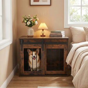 Dog Crate Furniture Heavy Duty Dog Kennel with Sliding Barn Door-RusticBrown view 2