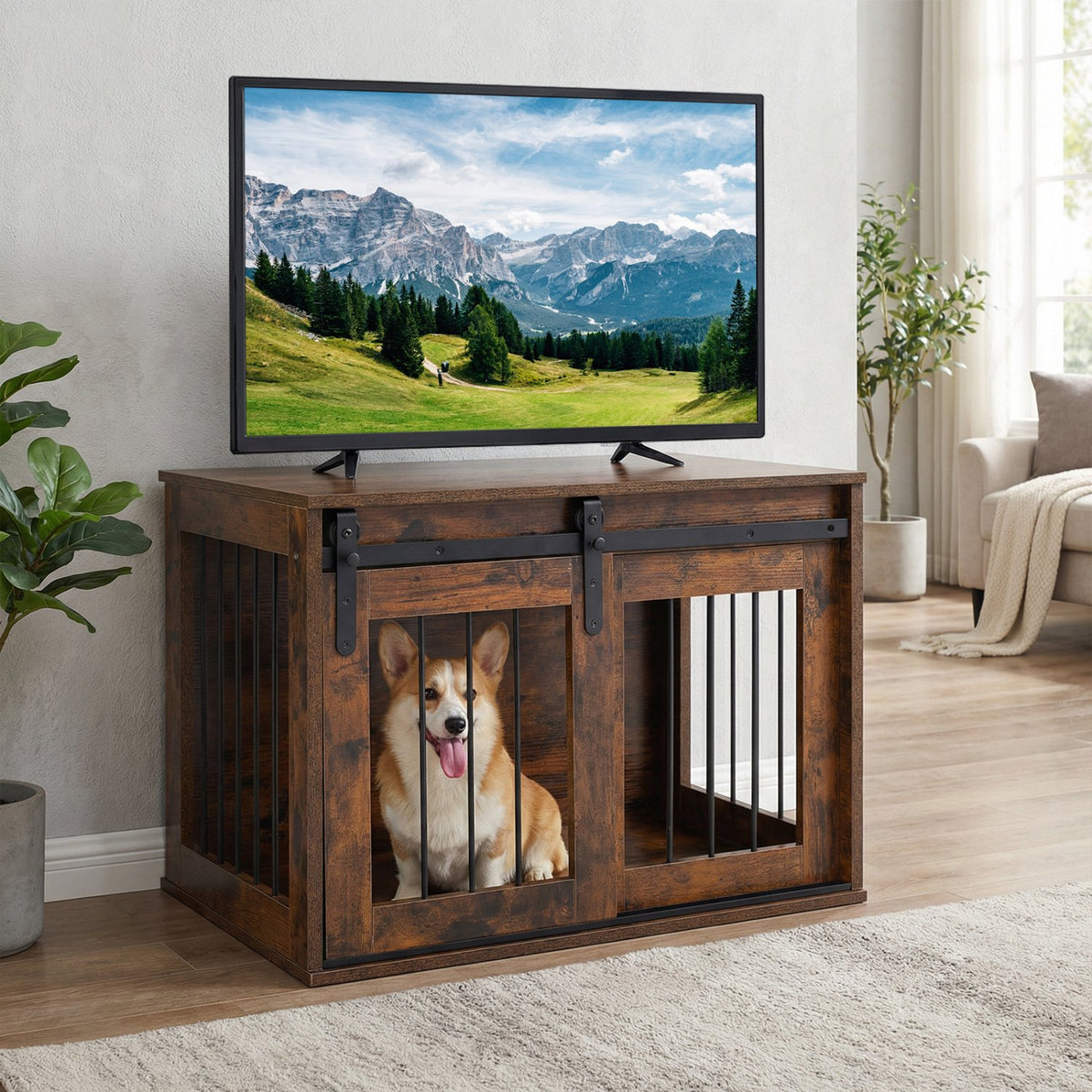 Dog Crate Furniture Heavy Duty Dog Kennel with Sliding Barn Door-RusticBrown view 3