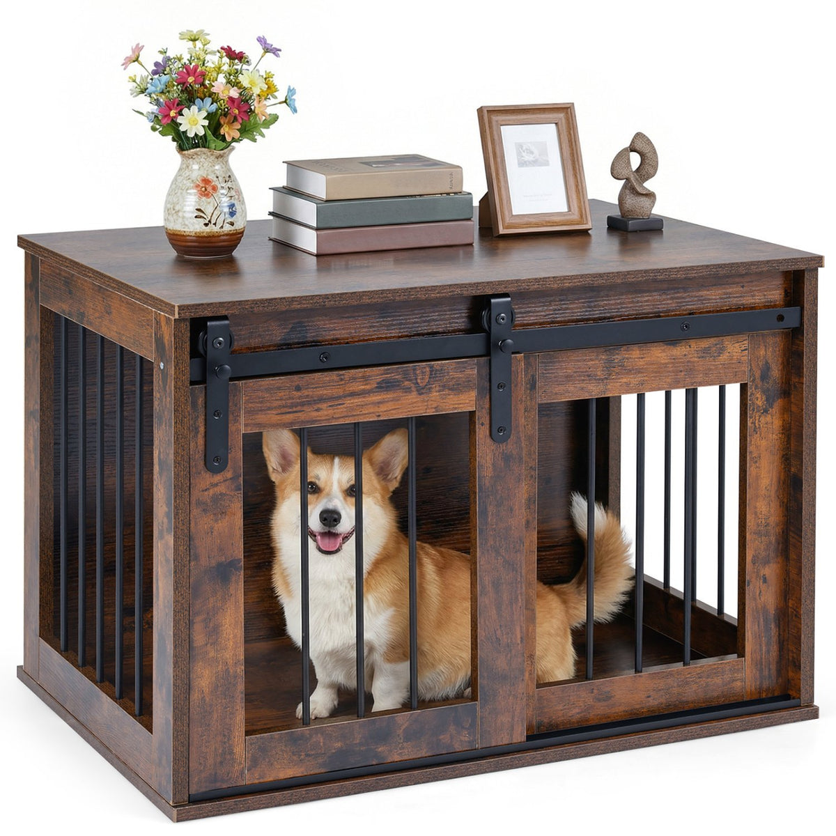 Dog Crate Furniture Heavy Duty Dog Kennel with Sliding Barn Door-RusticBrown view 4
