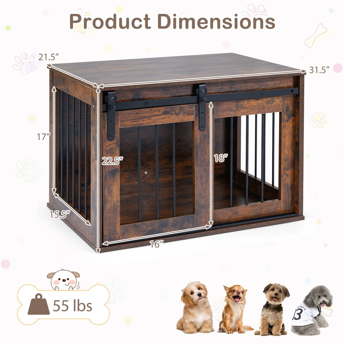 Dog Crate Furniture Heavy Duty Dog Kennel with Sliding Barn Door-RusticBrown view 5