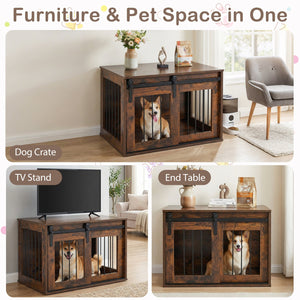 Dog Crate Furniture Heavy Duty Dog Kennel with Sliding Barn Door-RusticBrown view 6