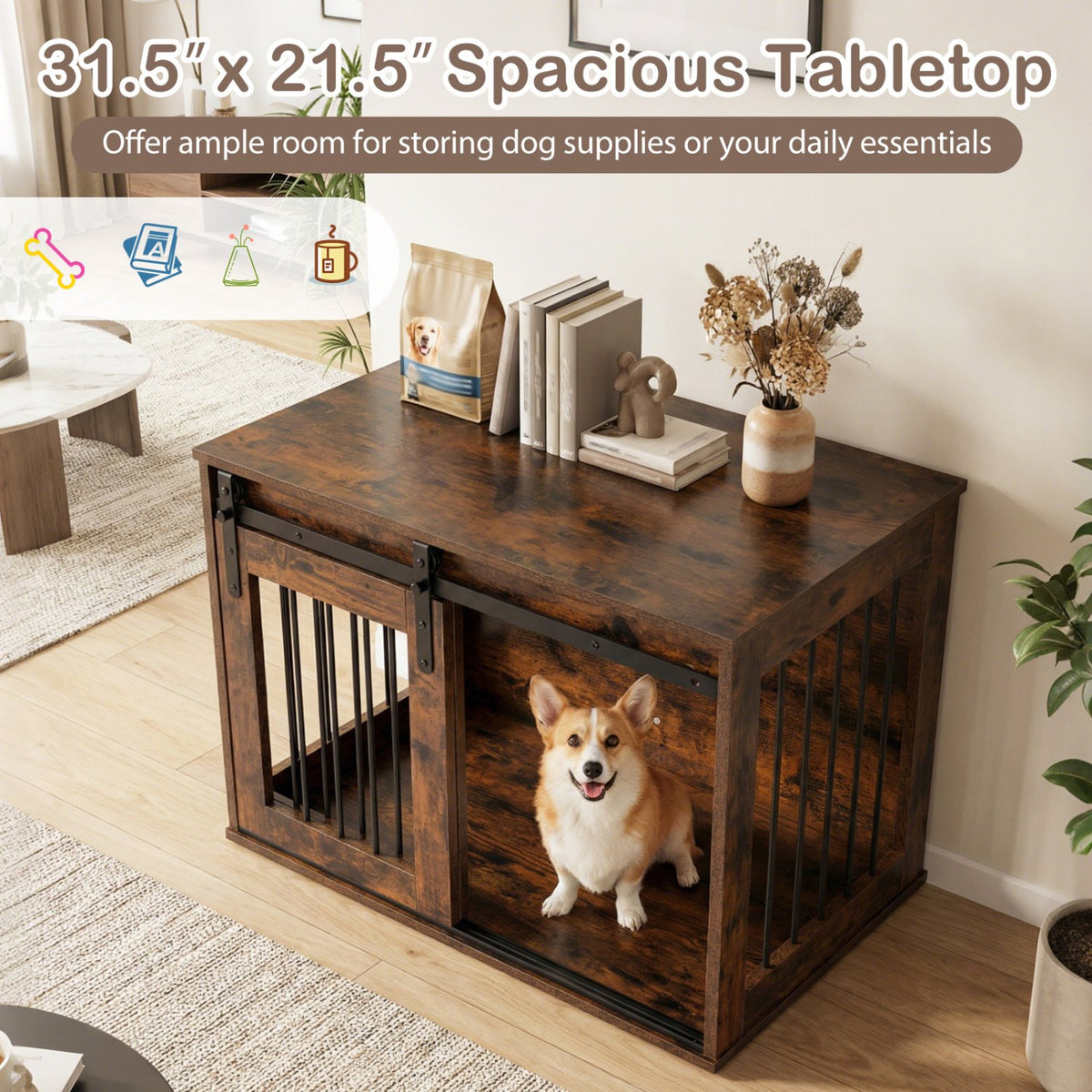 Dog Crate Furniture Heavy Duty Dog Kennel with Sliding Barn Door-RusticBrown view 7