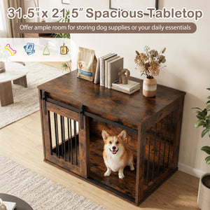 Dog Crate Furniture Heavy Duty Dog Kennel with Sliding Barn Door-RusticBrown view 7