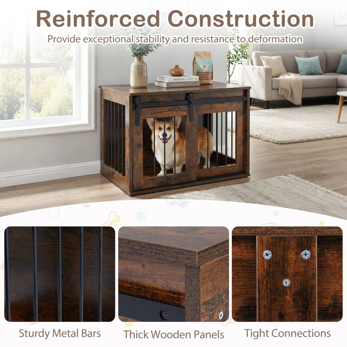 Dog Crate Furniture Heavy Duty Dog Kennel with Sliding Barn Door-RusticBrown view 8