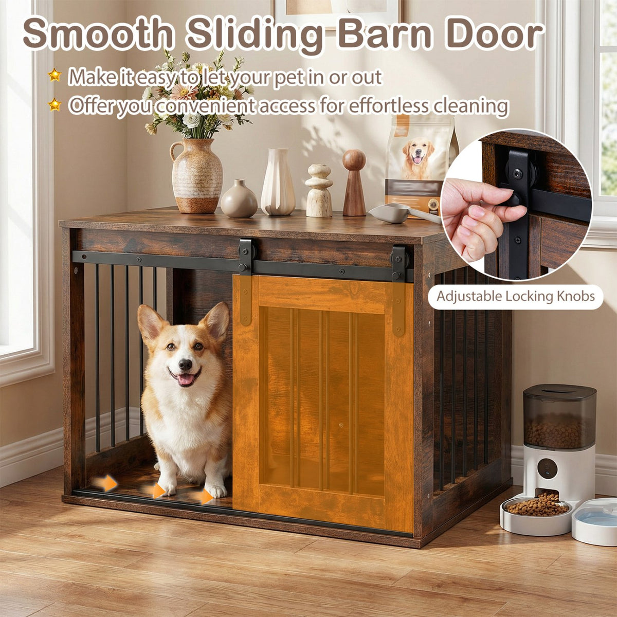 Dog Crate Furniture Heavy Duty Dog Kennel with Sliding Barn Door-RusticBrown view 9