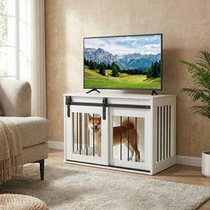 Dog Crate Furniture Heavy Duty Dog Kennel with Sliding Barn Door-White view 3