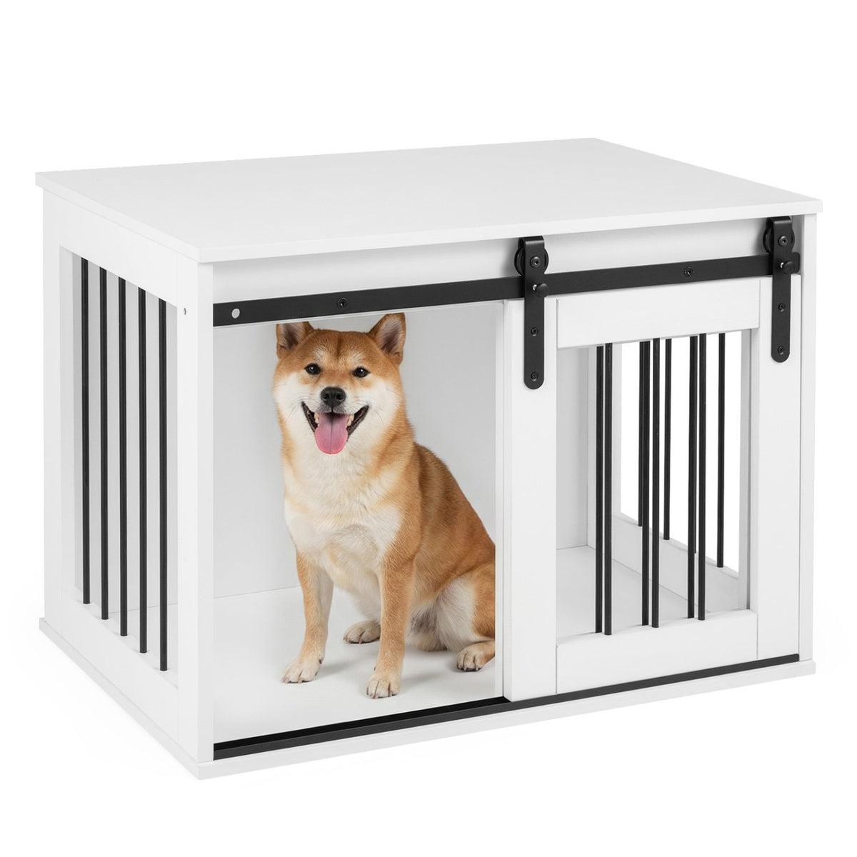 Dog Crate Furniture Heavy Duty Dog Kennel with Sliding Barn Door-White view 4