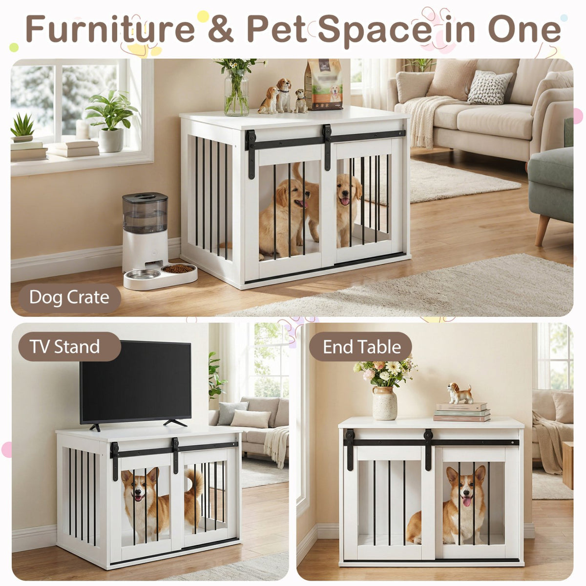 Dog Crate Furniture Heavy Duty Dog Kennel with Sliding Barn Door-White view 6