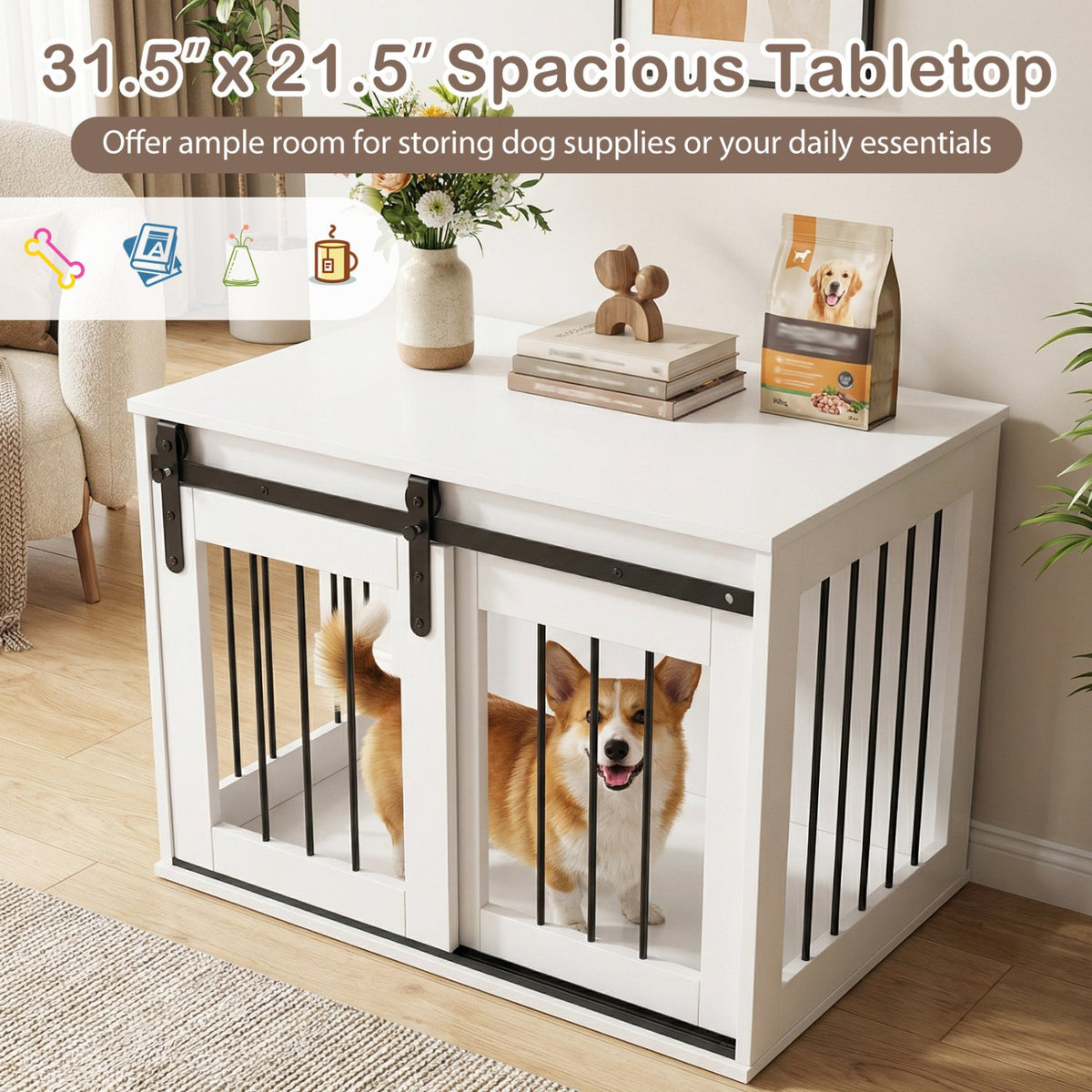 Dog Crate Furniture Heavy Duty Dog Kennel with Sliding Barn Door-White view 7
