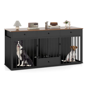 Dog Crate Furniture Indoor Modern Dog Kennel with Divider 3 Drawers and Pull-out Feeder-Black