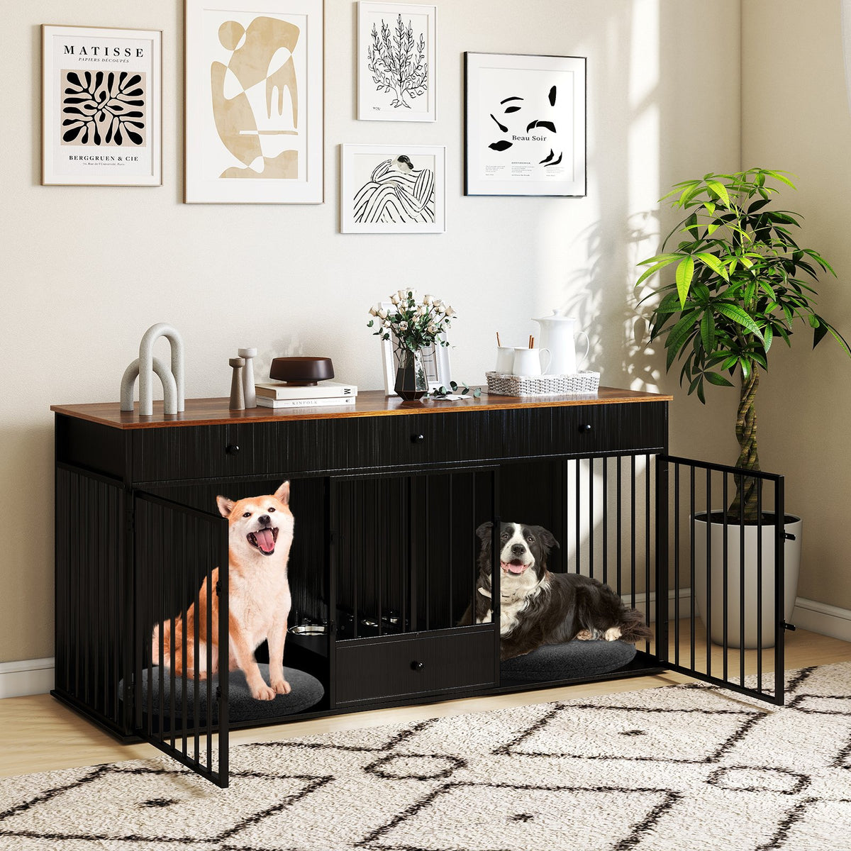Dog Crate Furniture Indoor Modern Dog Kennel with Divider 3 Drawers and Pull-out Feeder-Black view 2